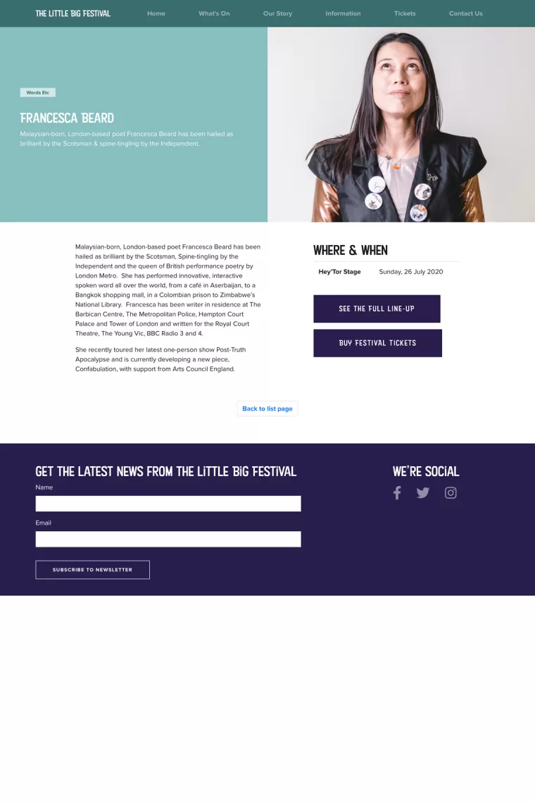 Screenshot of an Artist Profile page on The Little Big Festival website. A website designed by We Make Media